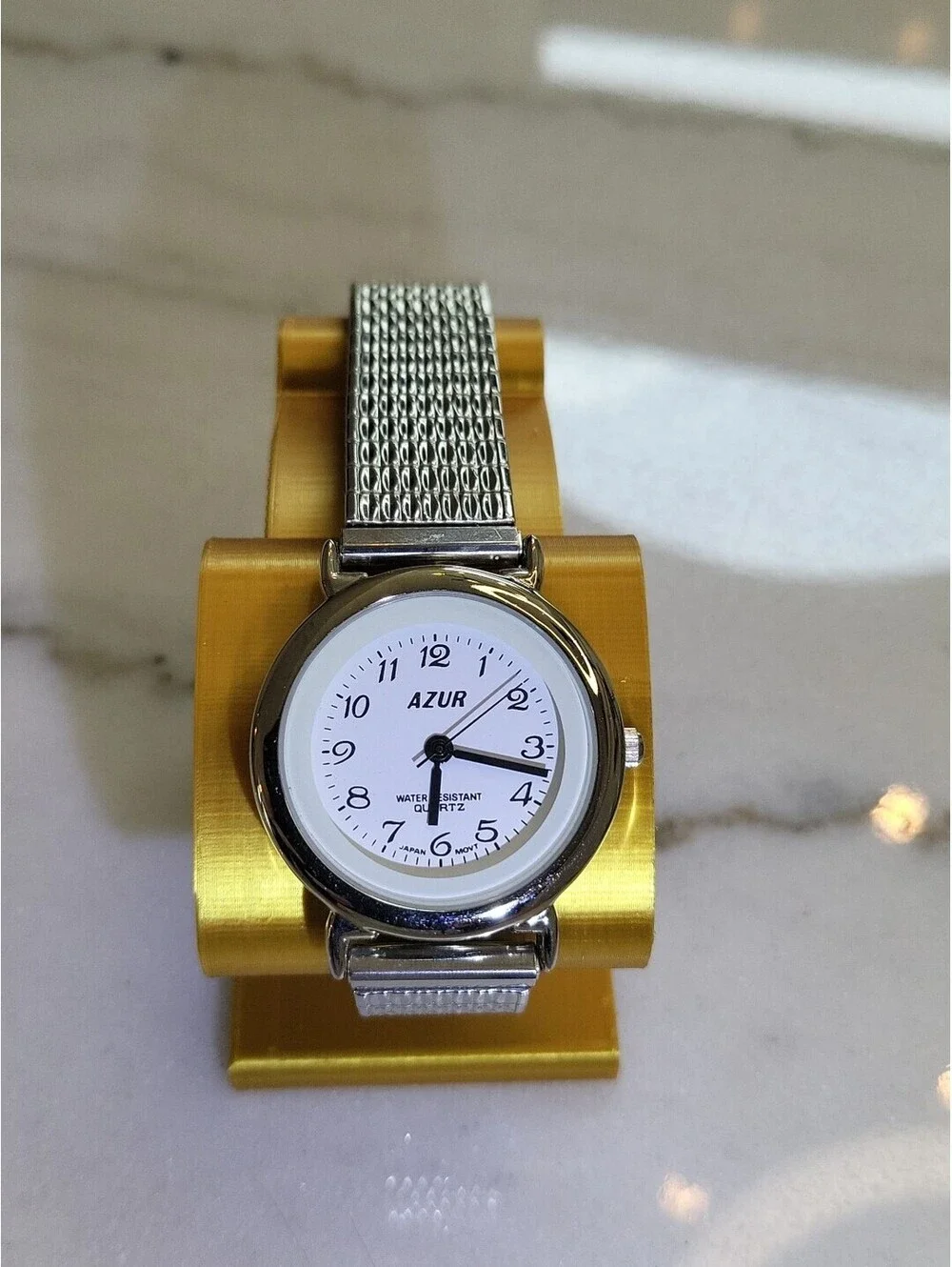 Vtg Azur Womans Watch New Battery Silvertone Stretch Bracelet 32mm Works EUC